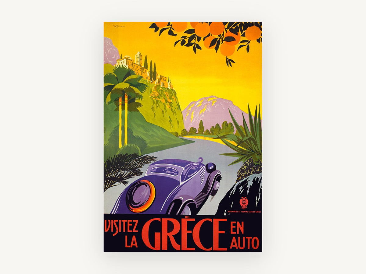 Visit Greece By Car, vintage canvas wall art print, front view