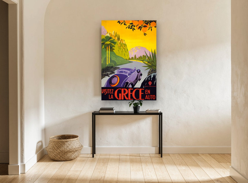 Visit Greece By Car vintage canvas print on the wall of a hallway