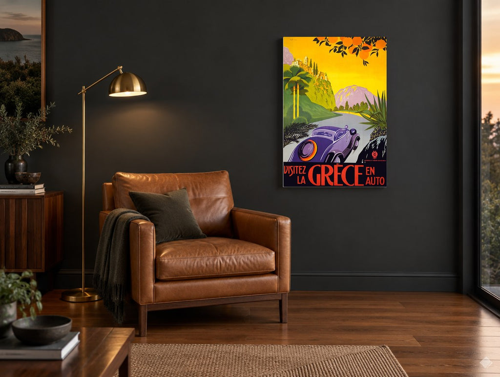 Visit Greece By Car vintage canvas print on the wall of a charcoal living room
