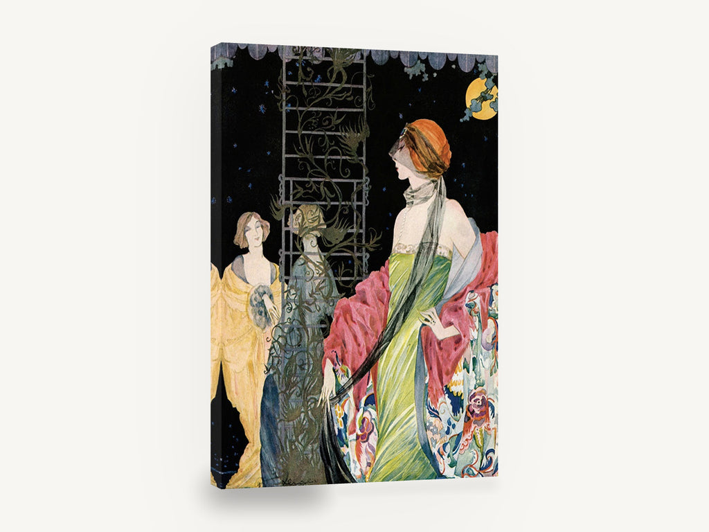 Moonlit Garden Ladies, vintage art deco fashion illustration, stretched canvas wall art print ready to hang
