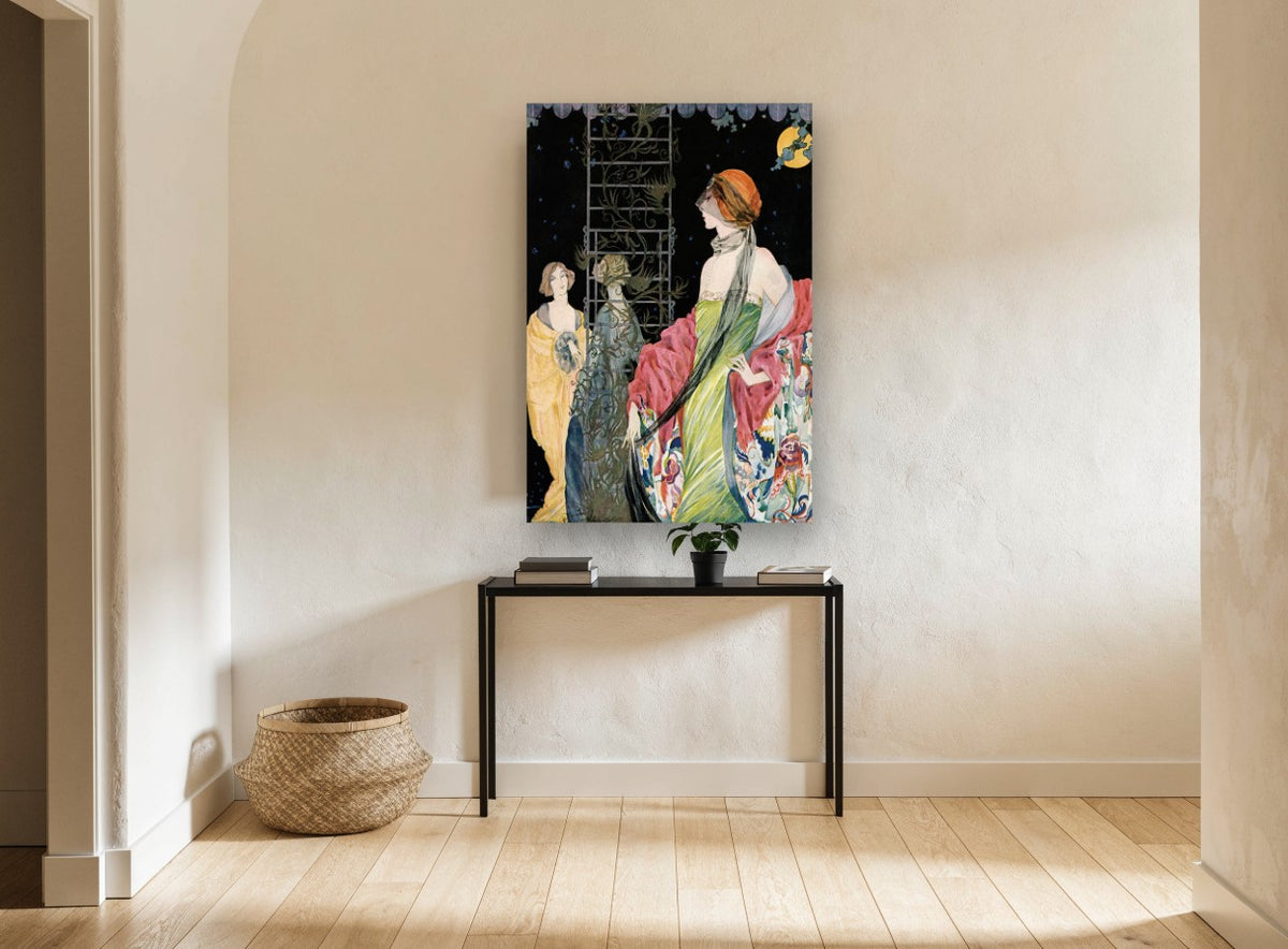 Moonlit Garden Ladies vintage canvas print on the wall of a hallway