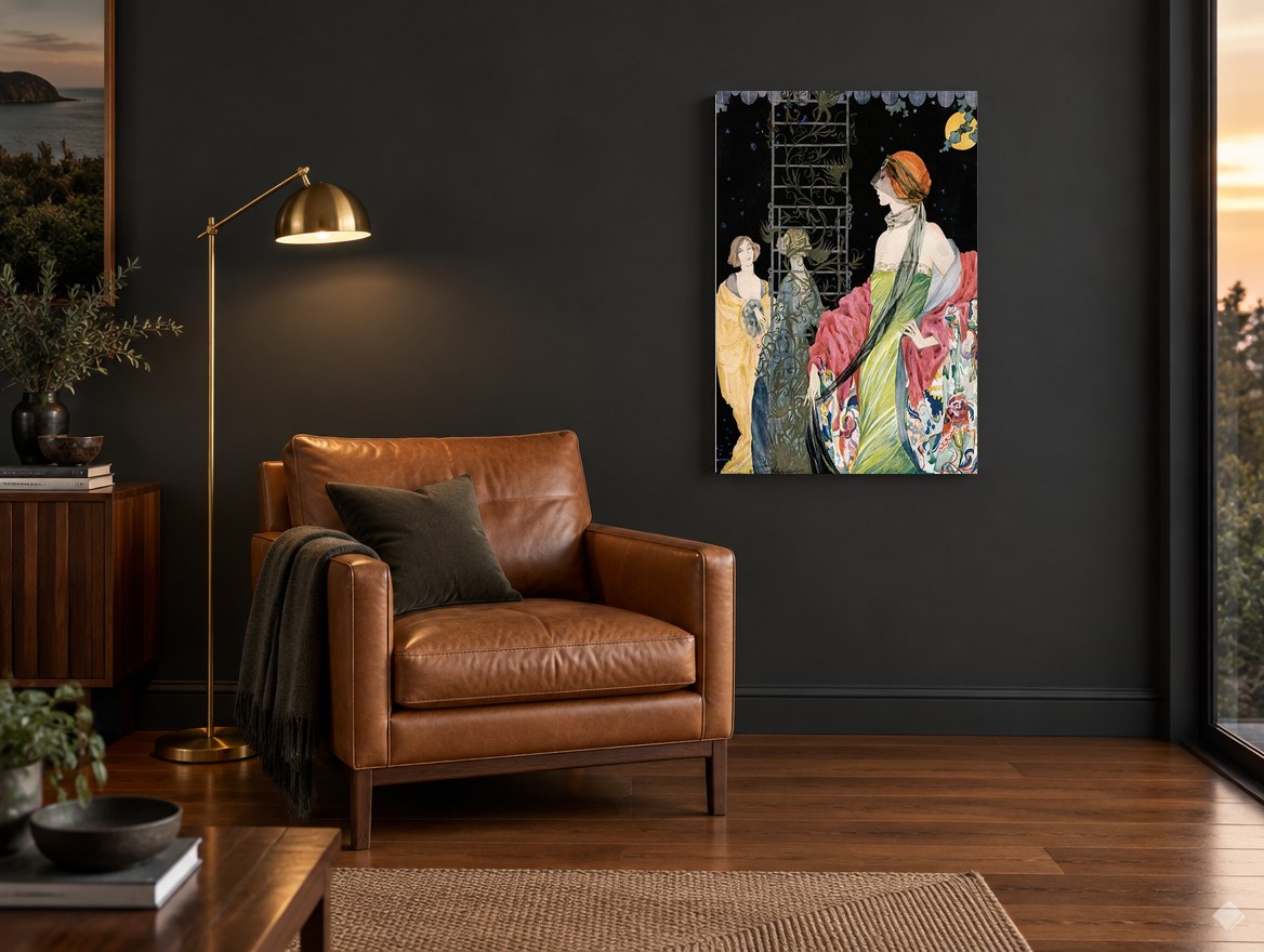 Moonlit Garden Ladies vintage canvas print on the wall of a charcoal living room