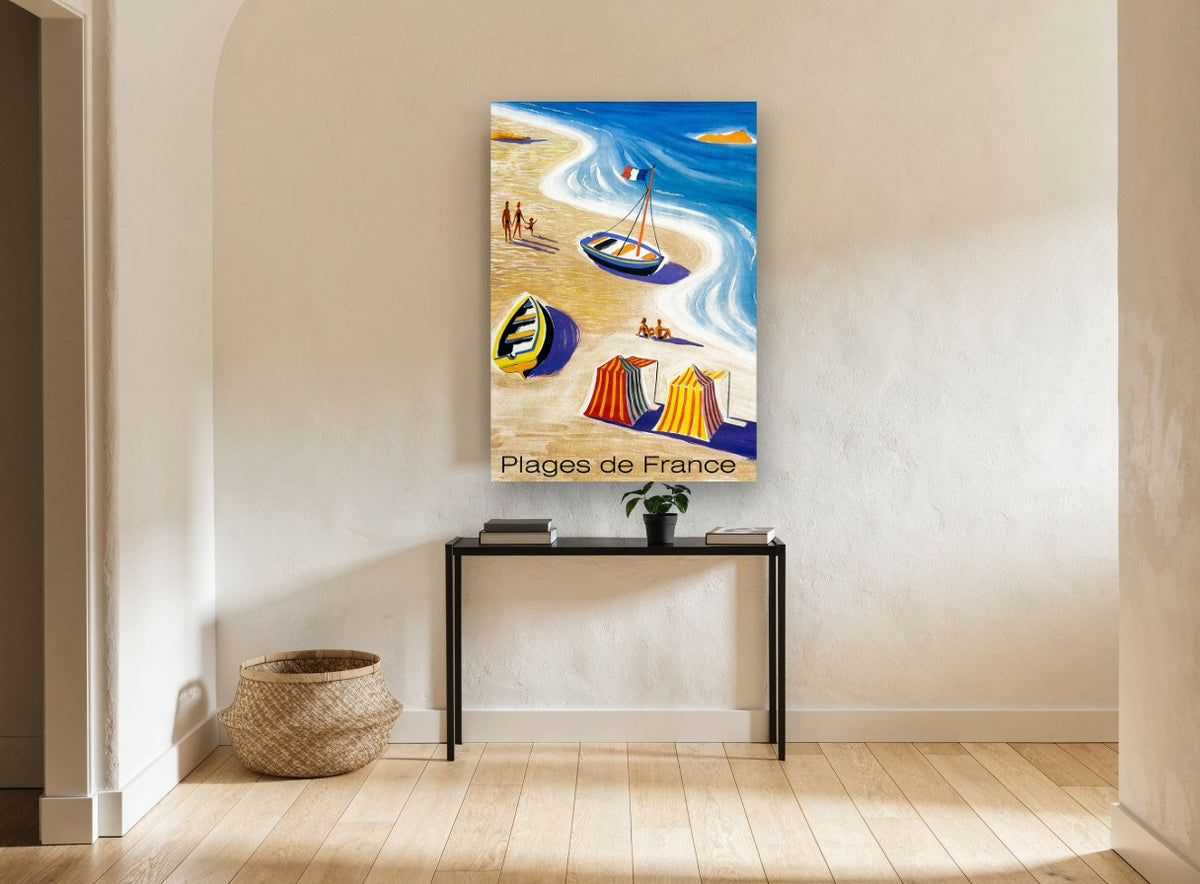 Plages de France vintage canvas print on the wall of a hallway