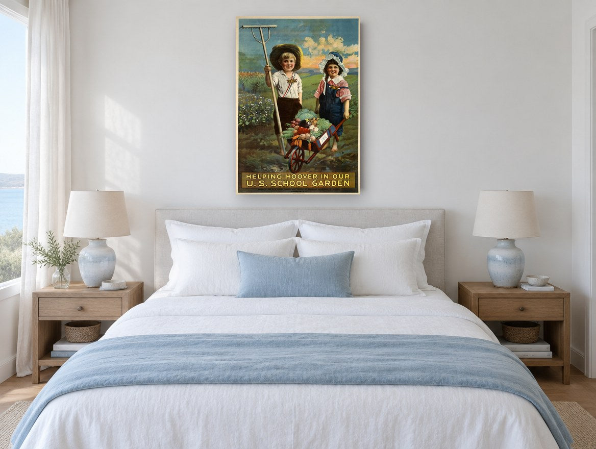 Helping Hoover Garden vintage canvas print on the wall of a coastal bedroom
