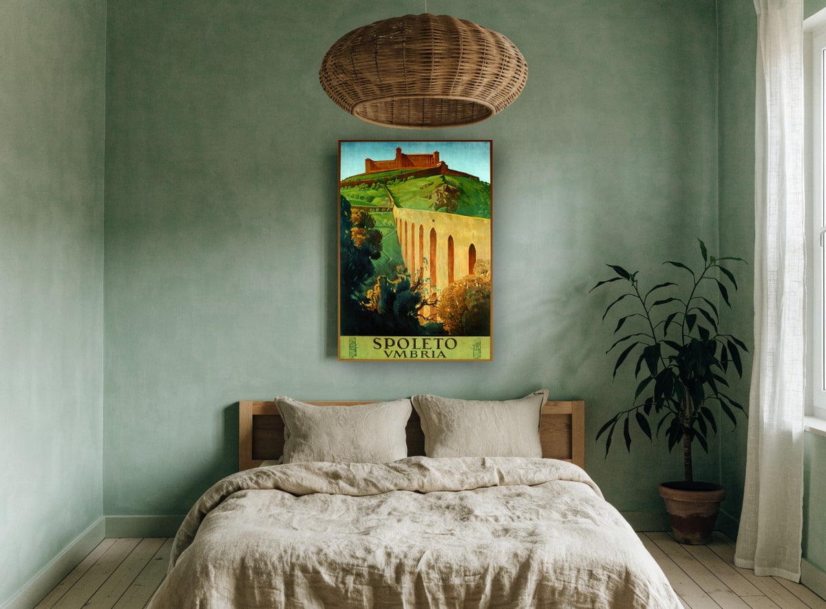 Spoleto Aqueduct Hill vintage canvas print on the wall of a bedroom