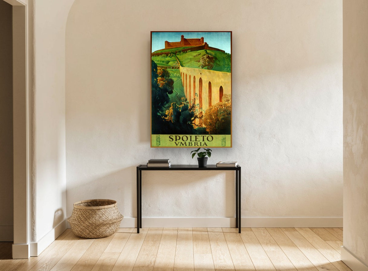 Spoleto Aqueduct Hill vintage canvas print on the wall of a hallway