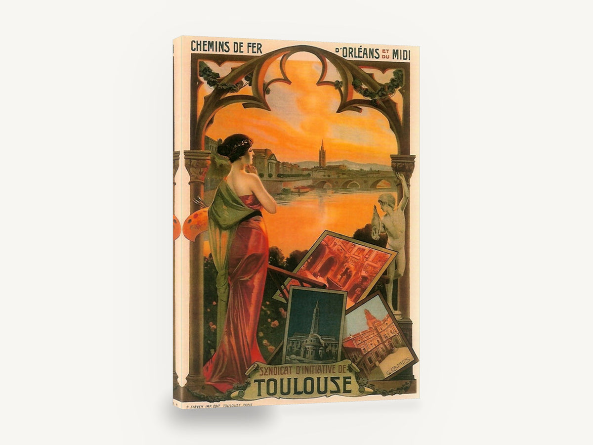 Toulouse by the River, vintage toulouse railway travel poster, stretched canvas wall art print ready to hang