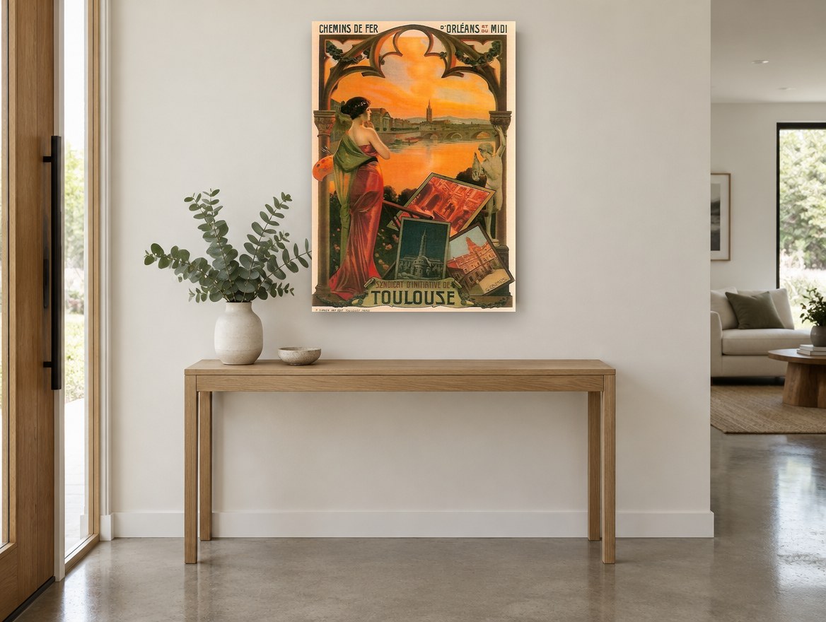 Toulouse by the River vintage canvas print on the wall of a entry hall