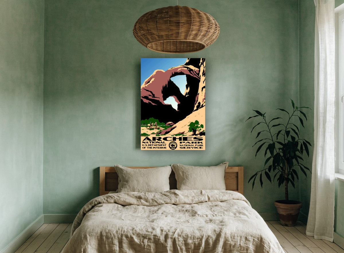 Arches Double Window vintage canvas print on the wall of a bedroom