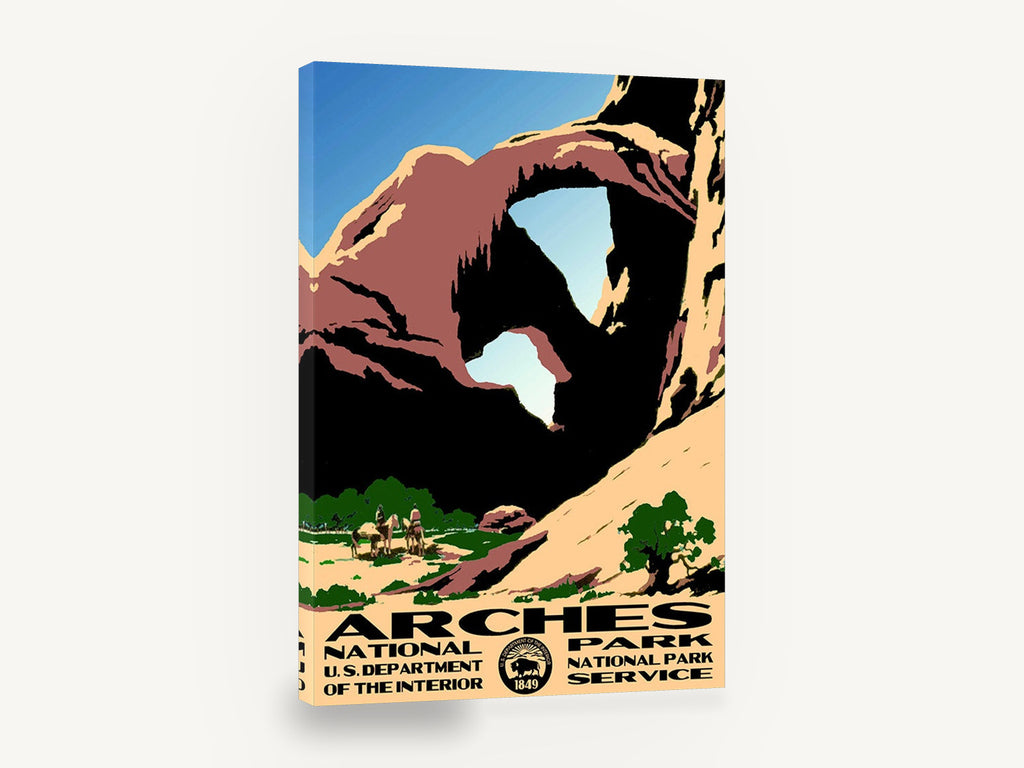 Arches Double Window, vintage arches national park travel poster, stretched canvas wall art print ready to hang