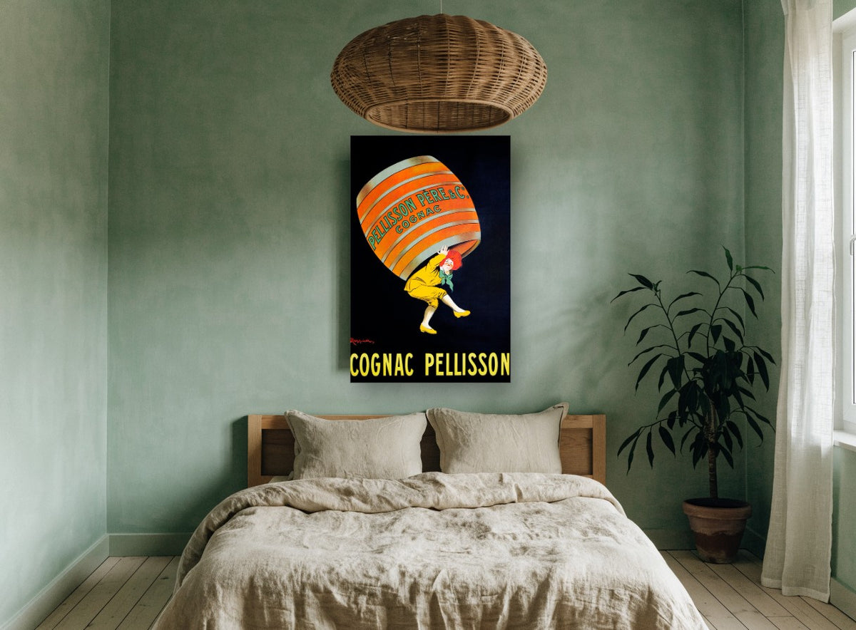 Barrel Boy Cognac vintage canvas print on the wall of a bedroom