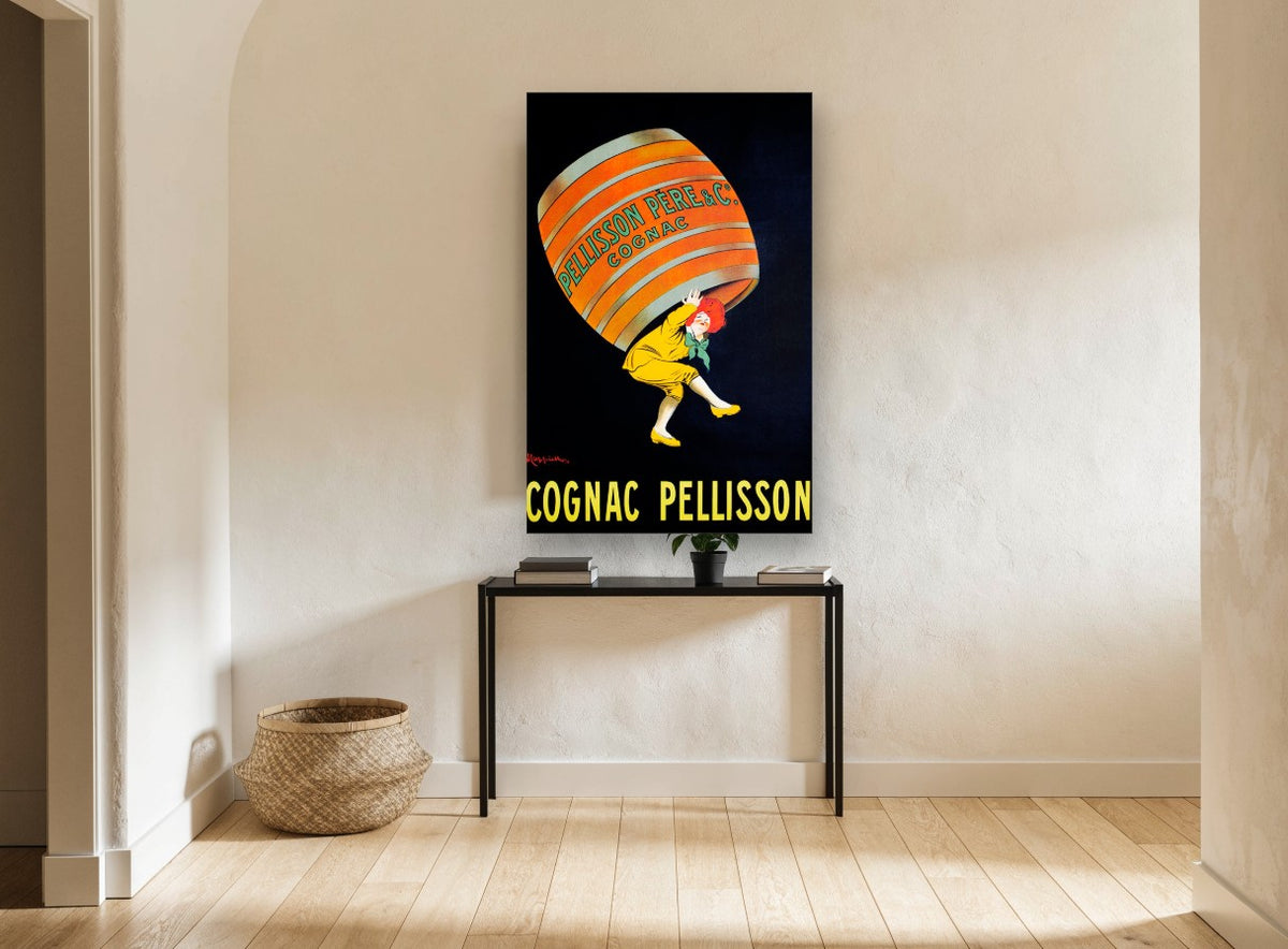 Barrel Boy Cognac vintage canvas print on the wall of a hallway
