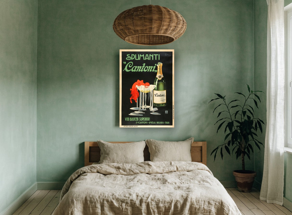 Spumanti Cantoni Overflow vintage canvas print on the wall of a bedroom