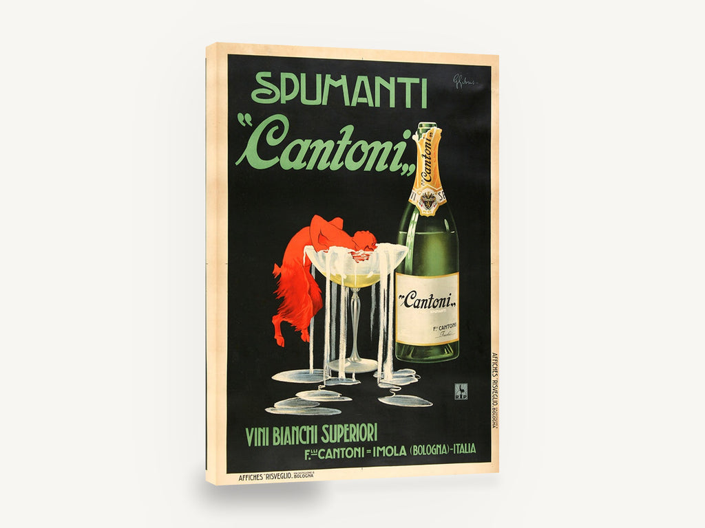 Spumanti Cantoni Overflow, vintage italian sparkling wine advertising poster, stretched canvas wall art print ready to hang