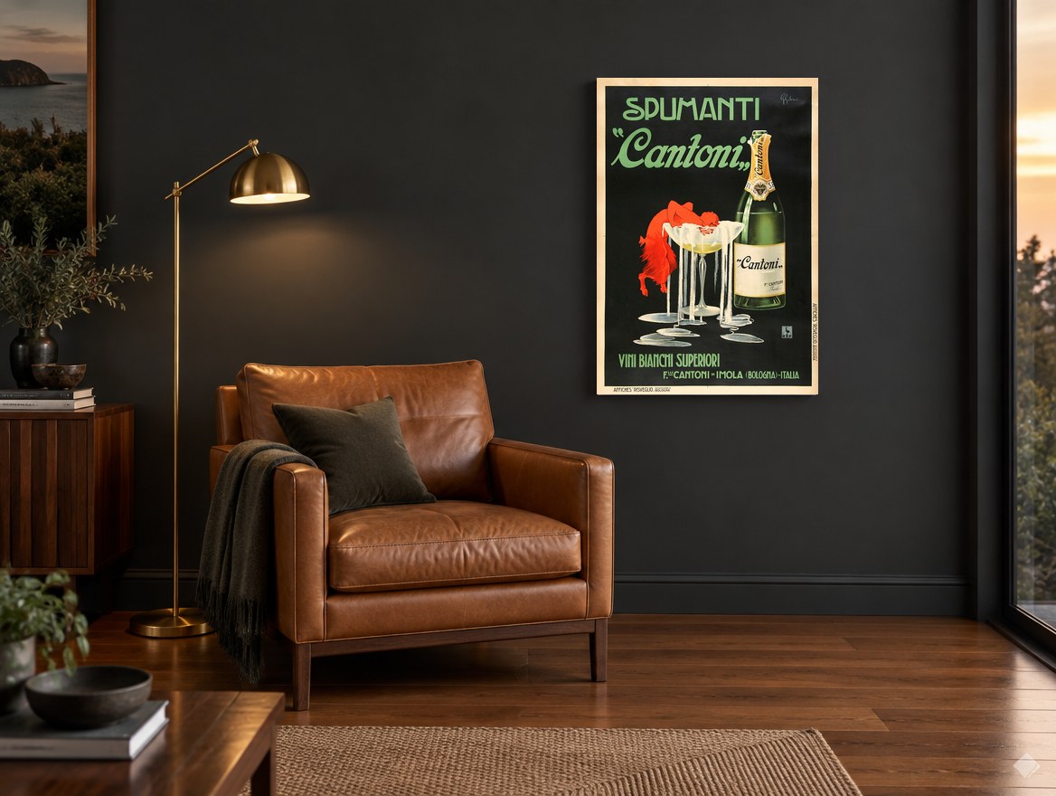 Spumanti Cantoni Overflow vintage canvas print on the wall of a charcoal living room