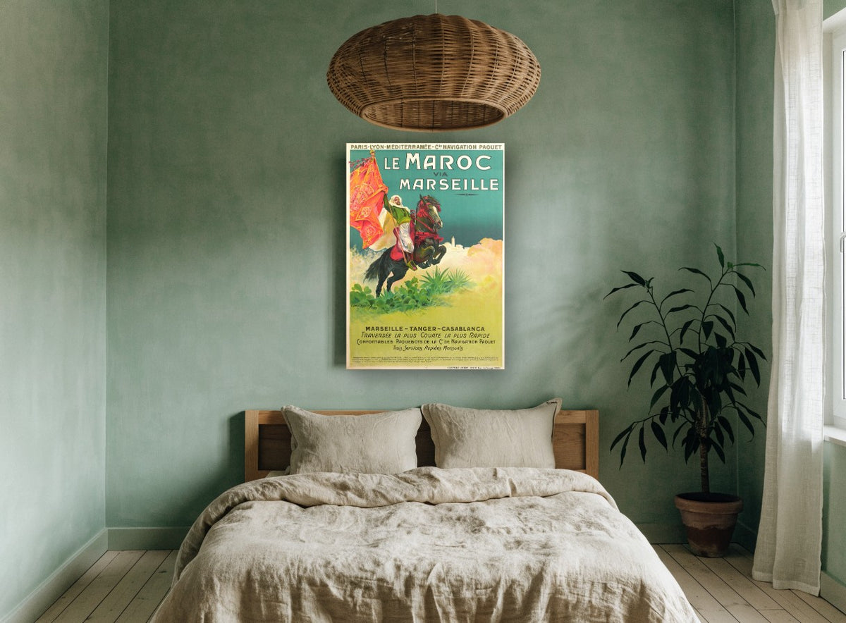 Le Maroc via Marseille vintage canvas print on the wall of a bedroom