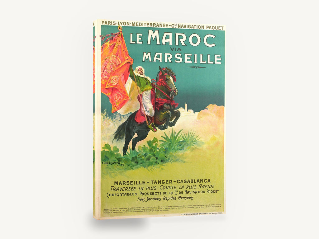 Le Maroc via Marseille, vintage morocco travel poster horseman, stretched canvas wall art print ready to hang
