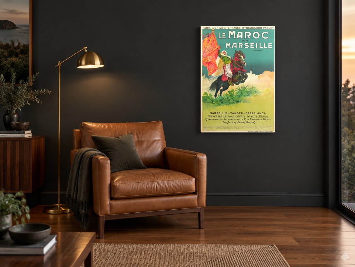 Le Maroc via Marseille vintage canvas print on the wall of a charcoal living room