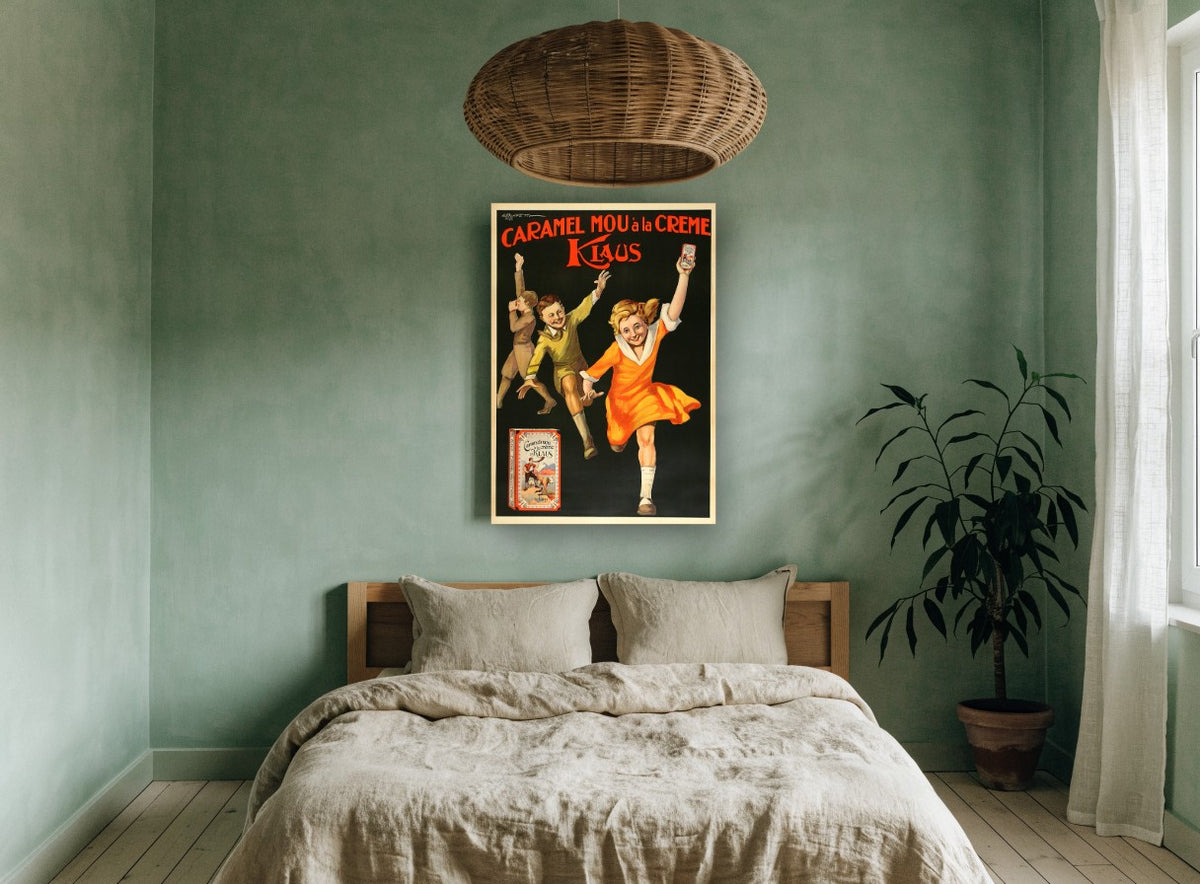 Running for Klaus Caramels vintage canvas print on the wall of a bedroom