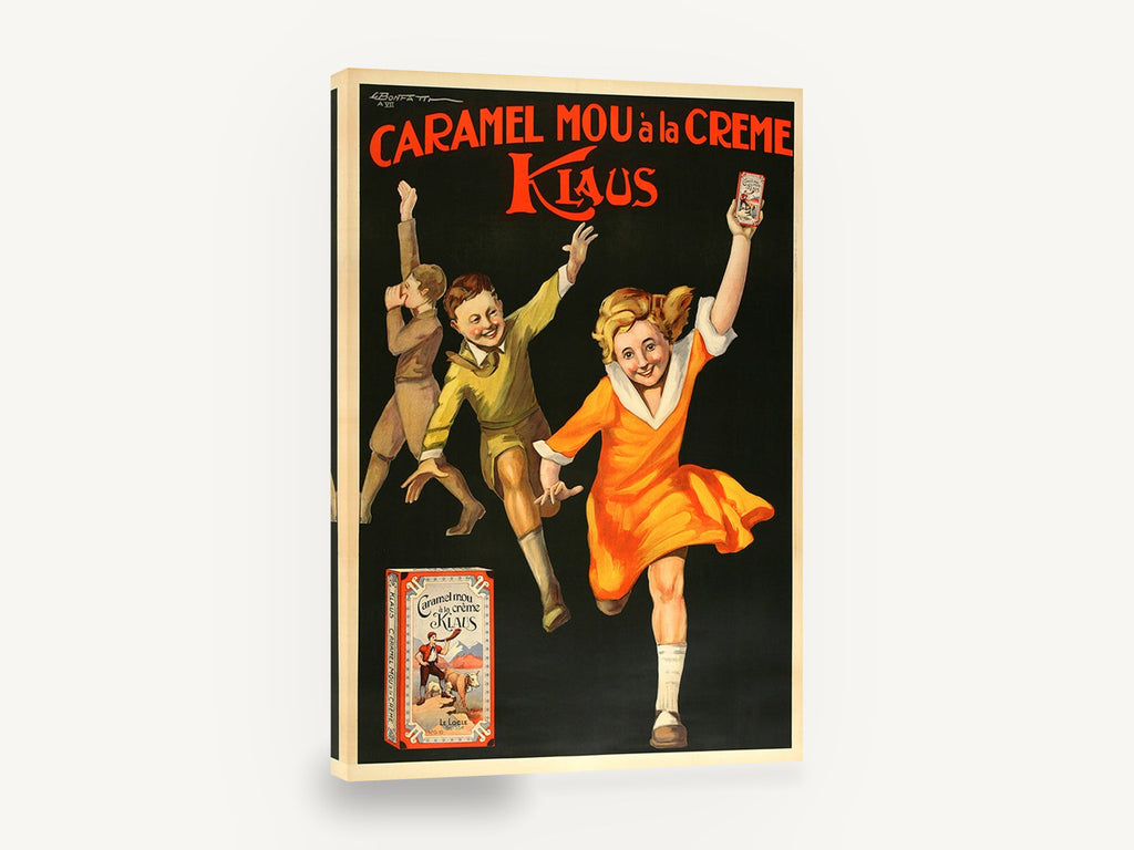 Running for Klaus Caramels, vintage klaus caramel advertising poster, stretched canvas wall art print ready to hang