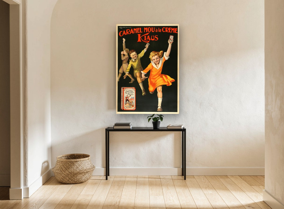 Running for Klaus Caramels vintage canvas print on the wall of a hallway
