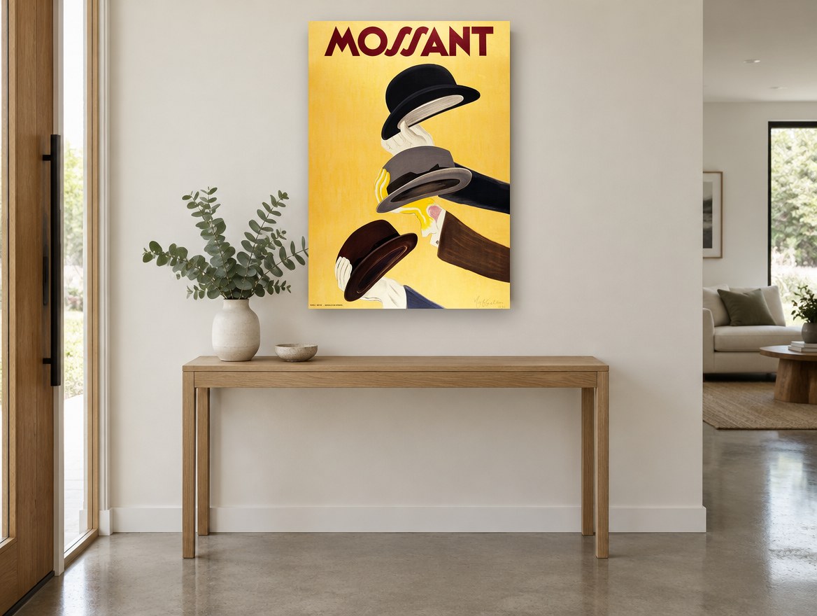 Three Hats Raised vintage canvas print on the wall of a entry hall