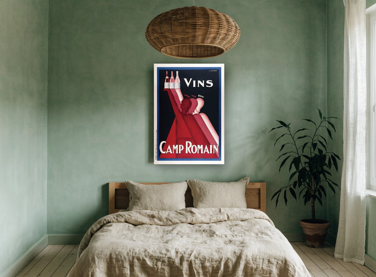 Camp Romain Wine Trio vintage canvas print on the wall of a bedroom