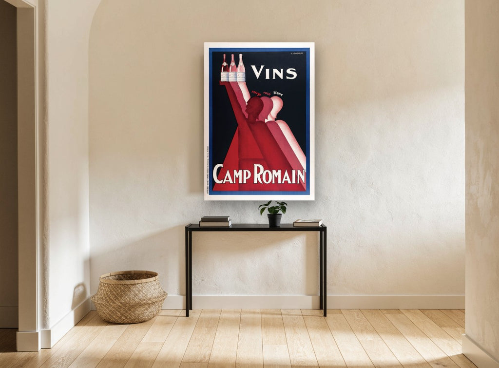 Camp Romain Wine Trio vintage canvas print on the wall of a hallway