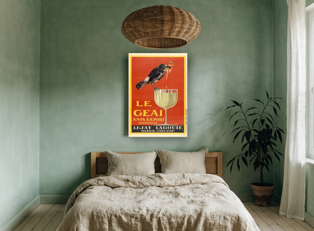Le Geai Anis Bird vintage canvas print on the wall of a bedroom
