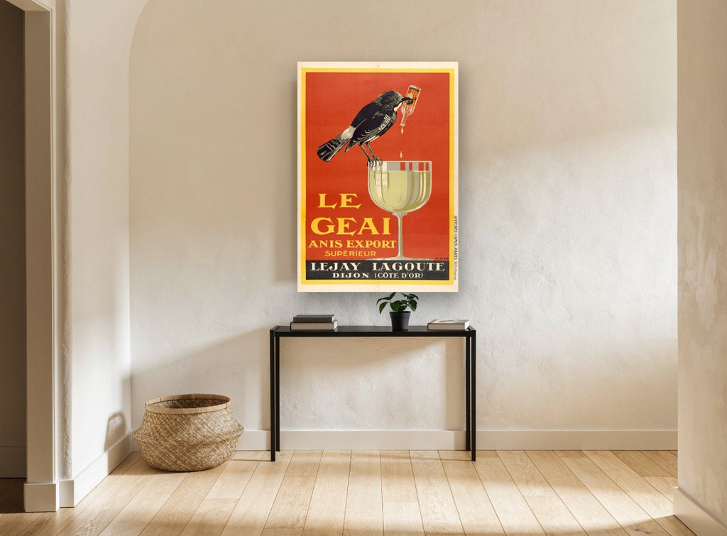 Le Geai Anis Bird vintage canvas print on the wall of a hallway