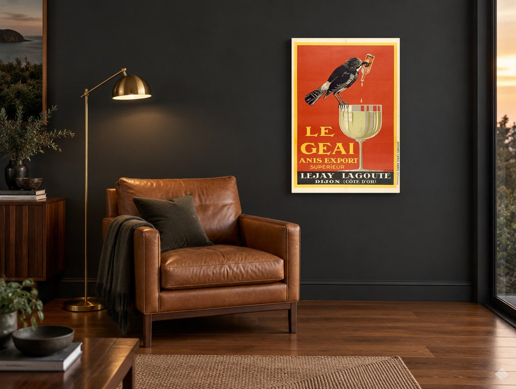 Le Geai Anis Bird vintage canvas print on the wall of a charcoal living room