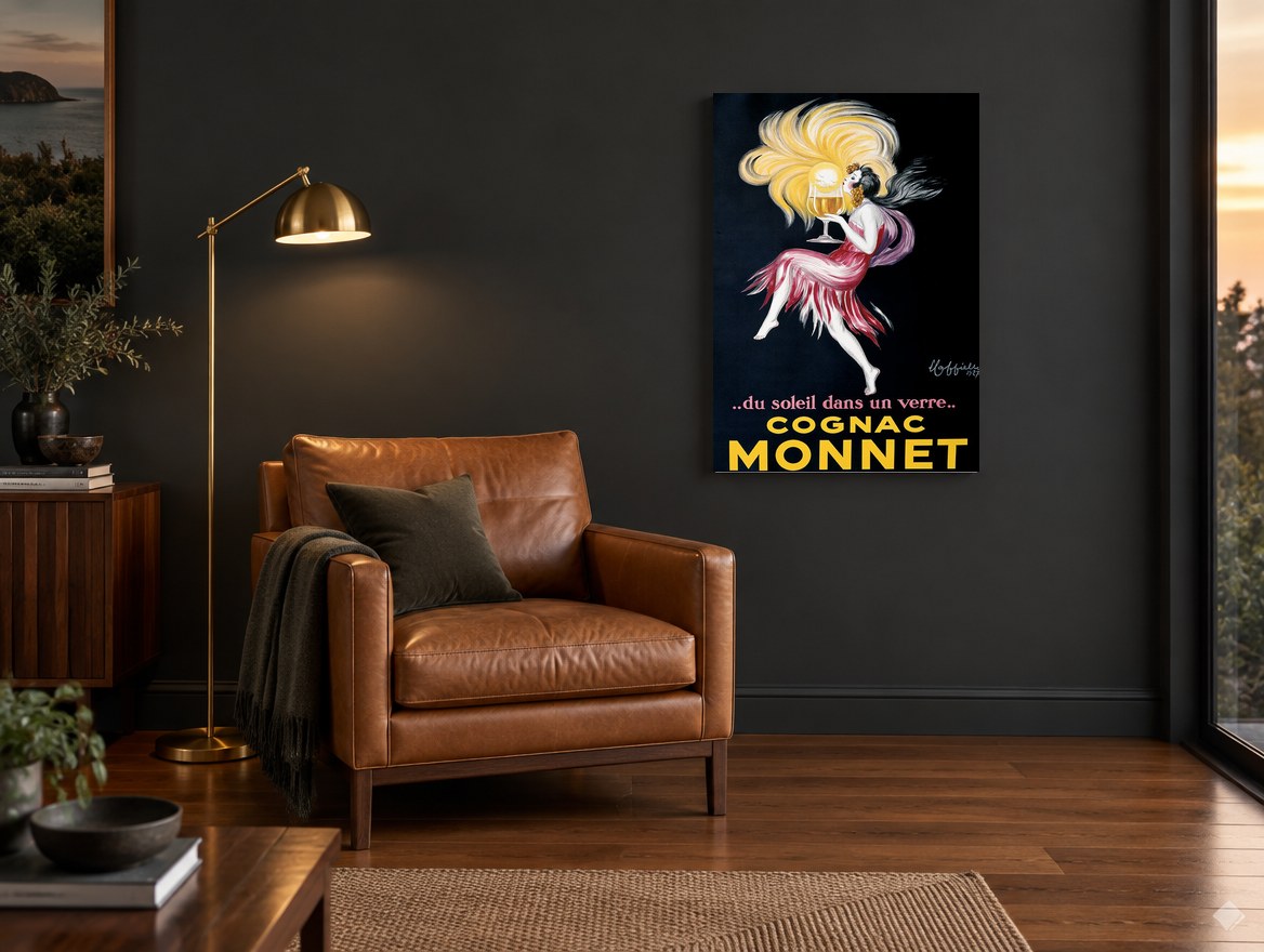 Sun in a Glass vintage canvas print on the wall of a charcoal living room