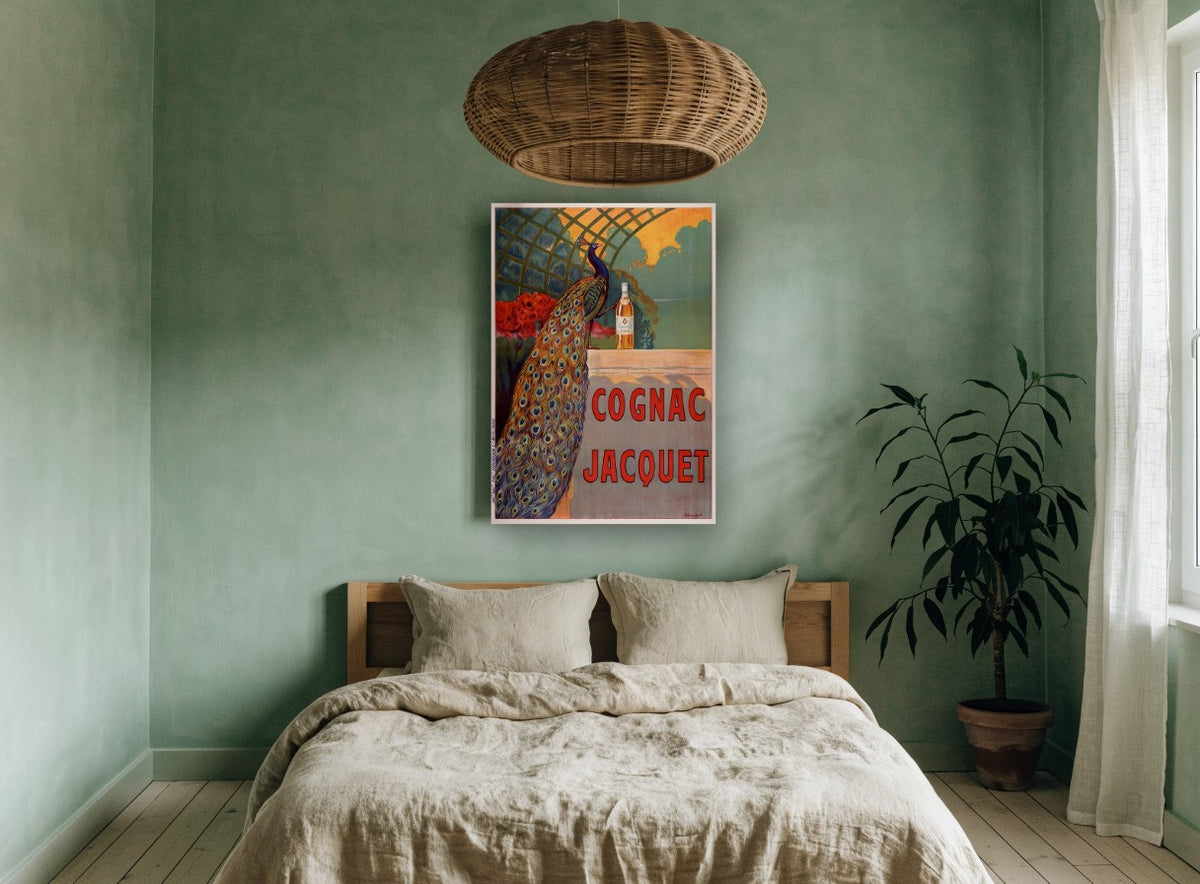 Peacock and Cognac Bottle vintage canvas print on the wall of a bedroom