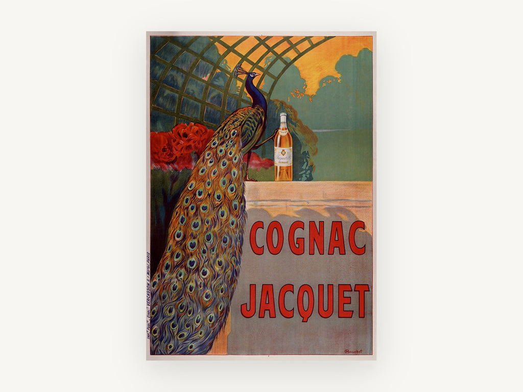 Peacock and Cognac Bottle, vintage canvas wall art print, front view
