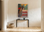 Peacock and Cognac Bottle vintage canvas print on the wall of a hallway