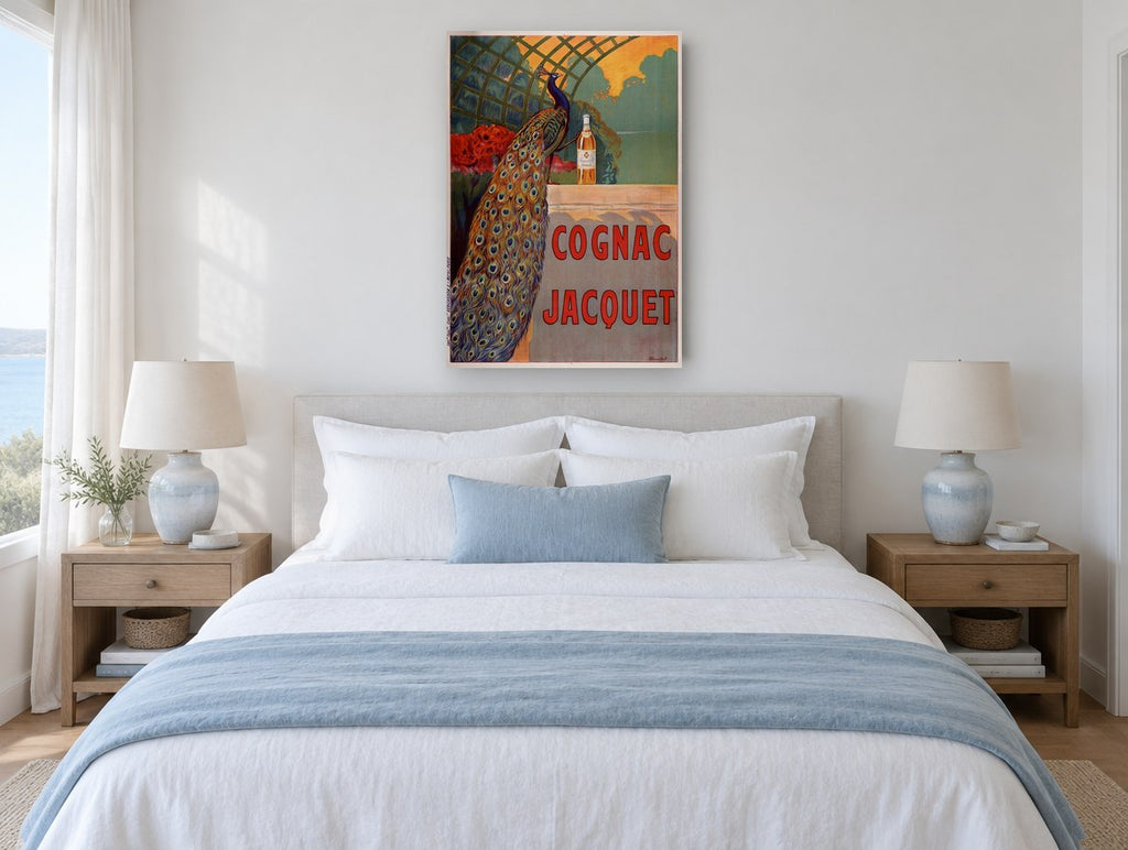 Peacock and Cognac Bottle vintage canvas print on the wall of a coastal bedroom