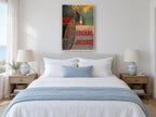 Peacock and Cognac Bottle vintage canvas print on the wall of a coastal bedroom