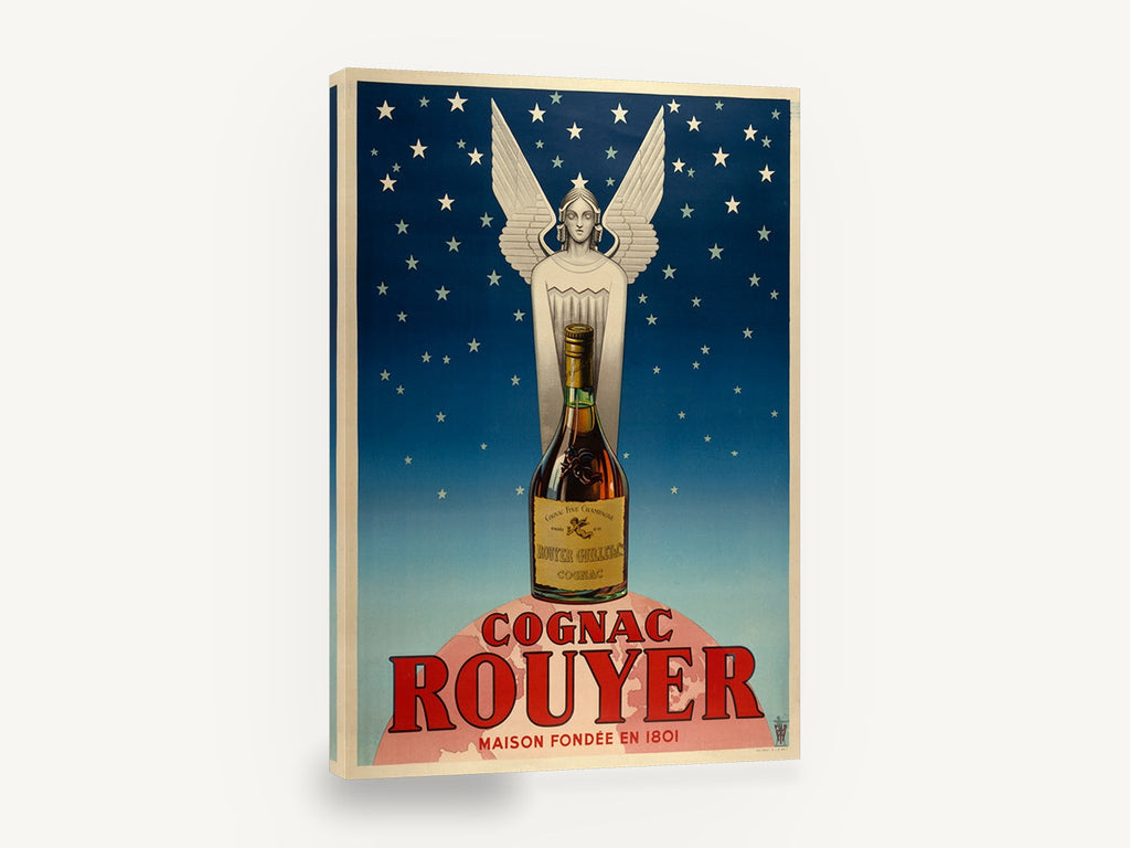 Starlit Cognac Angel, vintage cognac rouyer advertising poster, stretched canvas wall art print ready to hang