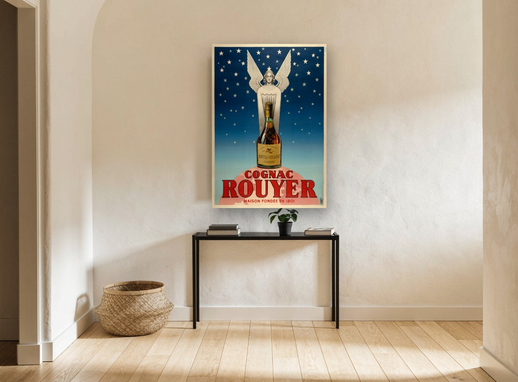 Starlit Cognac Angel vintage canvas print on the wall of a hallway