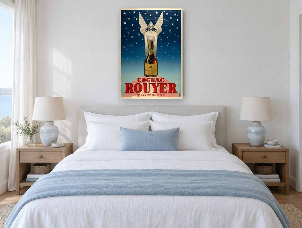 Starlit Cognac Angel vintage canvas print on the wall of a coastal bedroom