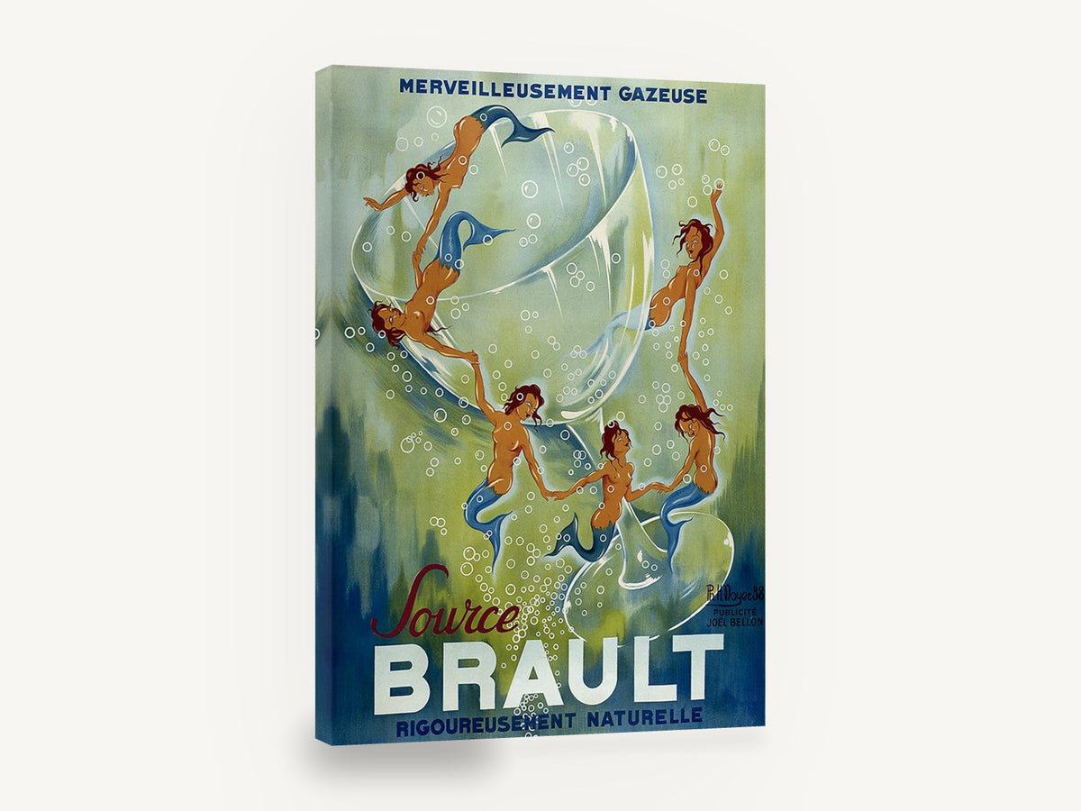 Mermaids in the Glass, vintage brault mermaid drink advertising poster, stretched canvas wall art print ready to hang