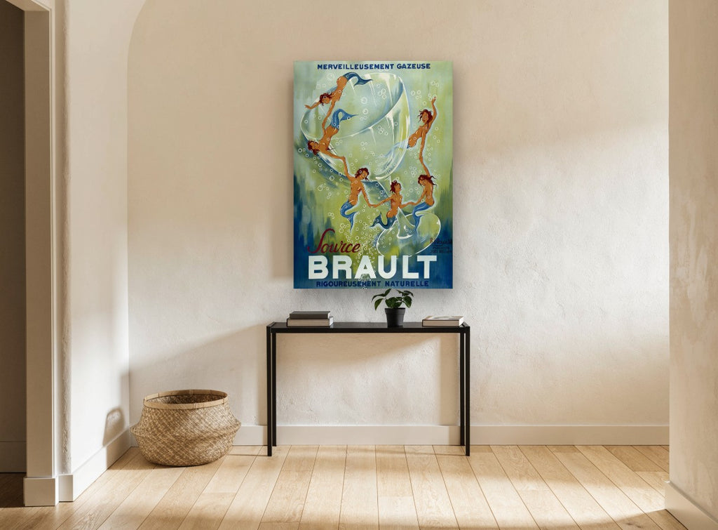 Mermaids in the Glass vintage canvas print on the wall of a hallway