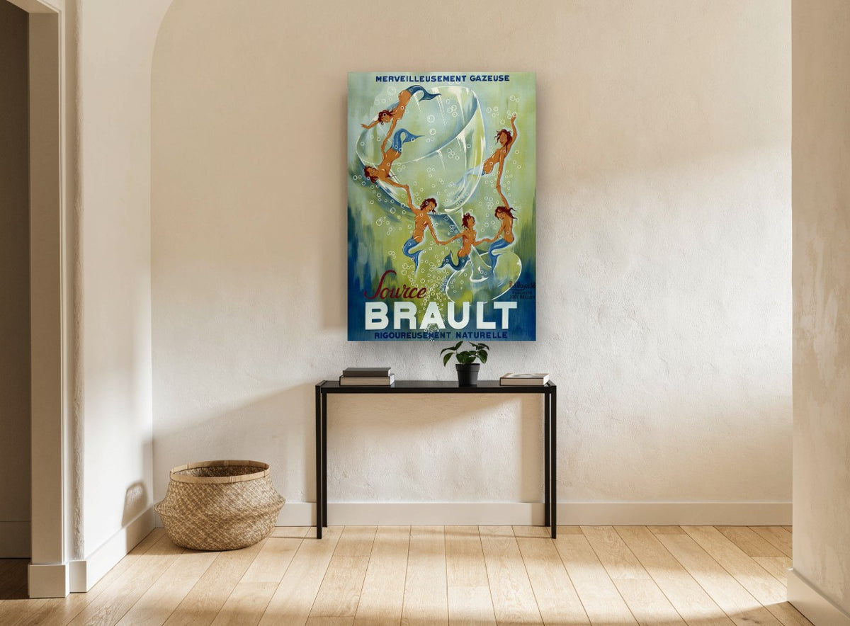 Mermaids in the Glass vintage canvas print on the wall of a hallway