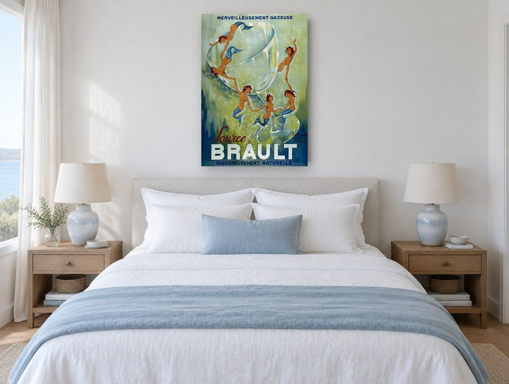 Mermaids in the Glass vintage canvas print on the wall of a coastal bedroom