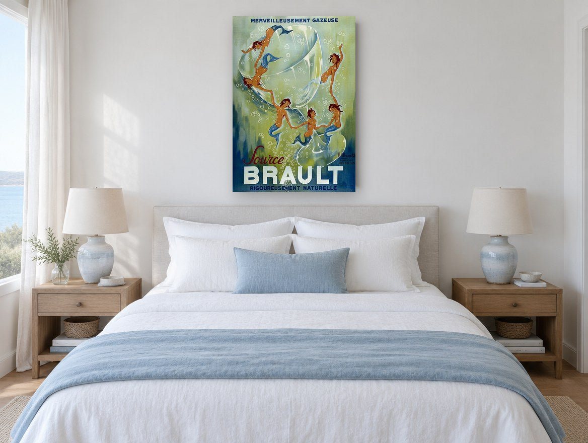 Mermaids in the Glass vintage canvas print on the wall of a coastal bedroom
