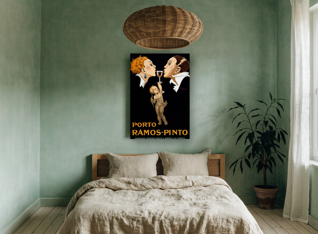 Cupid's Glass of Port vintage canvas print on the wall of a bedroom