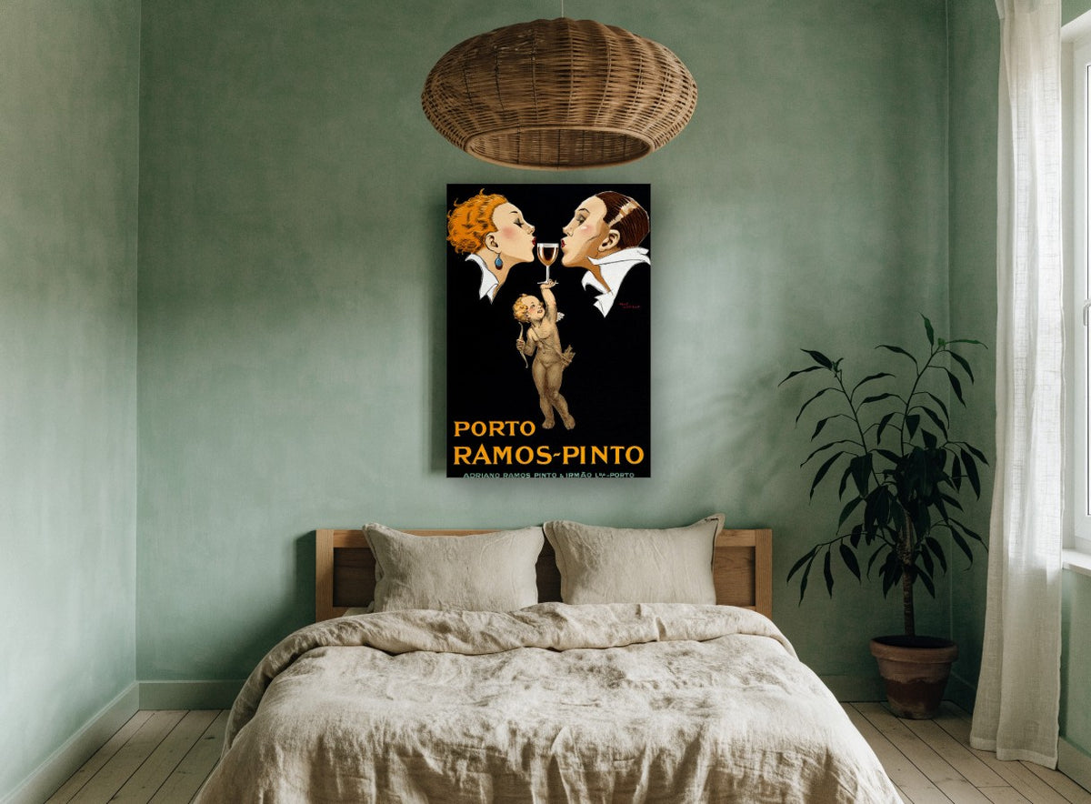 Cupid's Glass of Port vintage canvas print on the wall of a bedroom