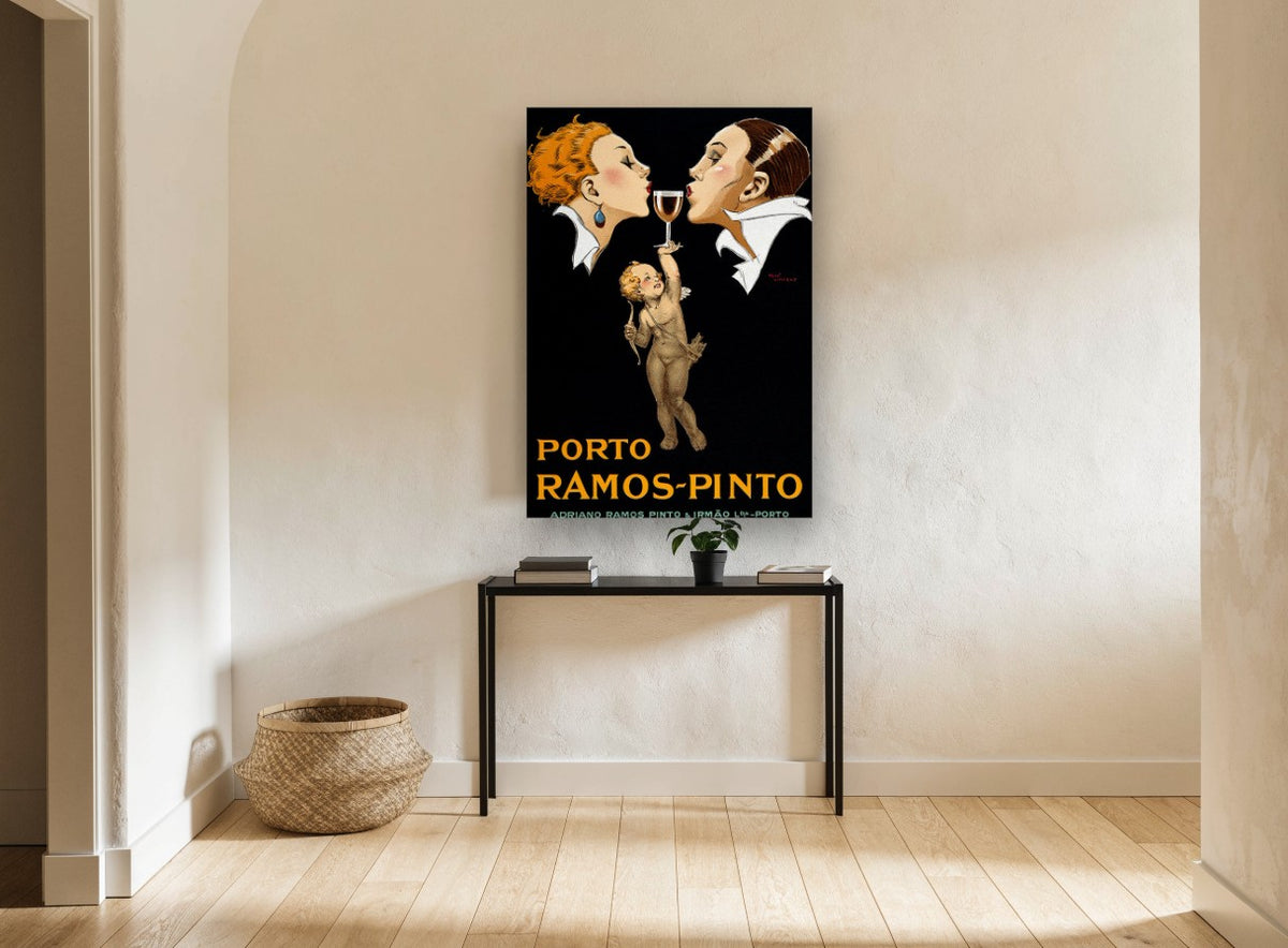 Cupid's Glass of Port vintage canvas print on the wall of a hallway