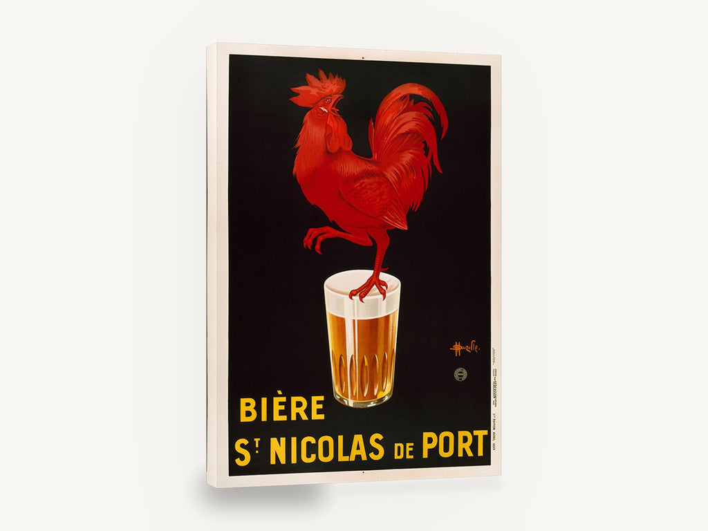 Red Rooster Beer Glass, vintage french rooster beer poster, stretched canvas wall art print ready to hang