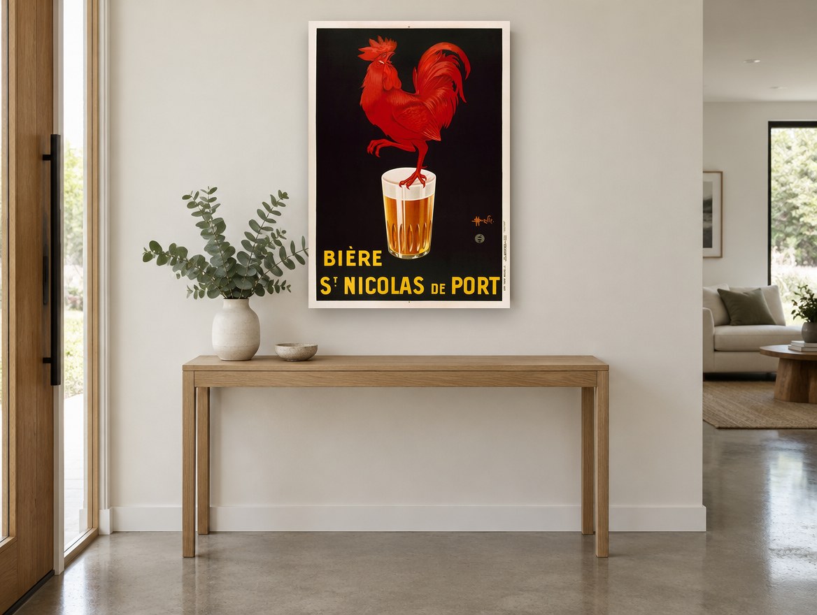 Red Rooster Beer Glass vintage canvas print on the wall of a entry hall